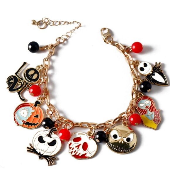 Nightmare Before Christmas Gold-Tone Charm Bracelet – Jack & Sally Lovers’ Jewel - Picture 1 of 5